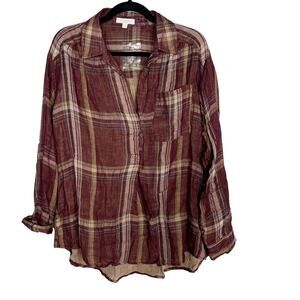 New Blu Pepper Day To Day Large L Red Plaid Split V Neck 3/4 Sleeve Blouse Top